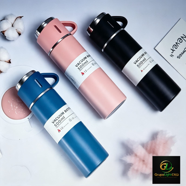 Kit Garrafa Térmica Inox 500ml Com 3 Xícaras Camping Viagem